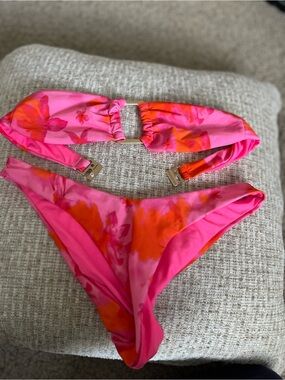 SHEIN Pink and Orange Floral Bandeau Bikini Set